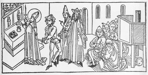 Sankt Matthæus. Indgravering fra "De helliges liv - sommerdel" (Helgenbogen) af Jacobus (James) fra Voragine (1228-1298). Lübeck 1488.