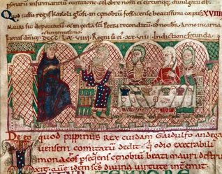 Saint Maur (512-584) grundlægger af klostret Flanfeuil (Saint Maur) i Anjou modtages ved bordet hos Gaidulfe af Ravenna, munkenes forfølger, og straffer ham Miniature fra Saint Maurs liv og mirakler” (ms 2273) 1100-1140 Kommunebibliotek
