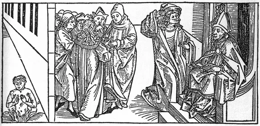 Sankt Severin. Indgravering fra "De helliges liv - sommerdel" (Helgenbogen) af Jacobus (James) fra Voragine (1228-1298). Lübeck 1488.