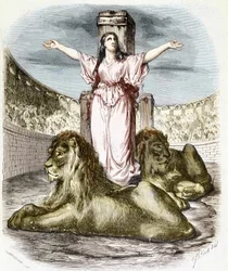 Sainte Blandine i arenaen, løverne liggende ved hans fødder (kristneforfølgelser i Lyon) - i "Histoire des popes"" af Maurice Lachatre