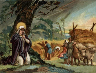 Sainte Genevieve (422-502), skytshelgen for Paris, bevarer stormens høst i meaux.Chromolithography omkring 1890.