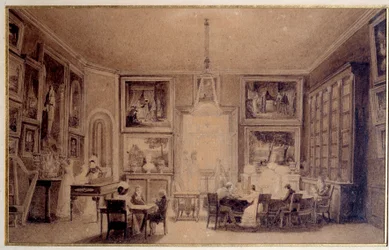 Salon for Dronningen af ​​Holland Hortense de Beauharnais (1783-1837) i Augsburg. Gravering af det 19. århundredes Paris. Thiers Bibliotek