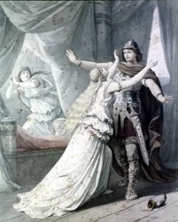 Scene af "" Cola Rienzi, den sidste af Tribunerne"" (Rienzi, der Letzte der Tribunen), opera af Richard Wagner, der repræsenterer Heros Rienzi med Irene i Capitol Palace. 1842. Stik.
