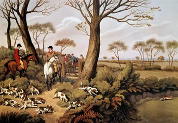 Scene med jagt på harer i England. 1800-tals litografi Gien, jagtmuseum