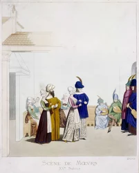 Scene of morals: Karnevalsscene - baseret på et italiensk manuskript fra det 15. århundrede, Arts Deco.