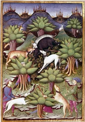 Scene med vildsvinejagt Miniature fra "" Behandl falkejagt og veneri med mottoet og emblemet for hertugen af Sforza" 1459 (ms. 1375) Chantilly, Musee Conde