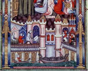 Scener af bygge- og navigationsarbejde i Paris i middelalderen. Miniature fra manuskriptet "" Life of Saint Denis"" af Yves, munk af Saint-Denis