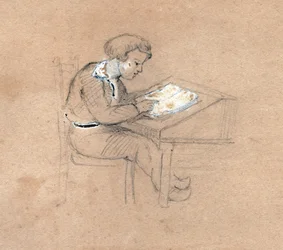 Skoledreng på arbejde. (tegning, omkring 1830)