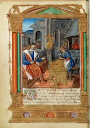 Skulptur: en mester styrer sin lærlings arbejde og skulpturerer en ørn. Miniature fra "" Roman de Theseus de Cologne et de Godifer"" 1500-tallets Paris, B.N.