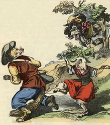 Da mester Fox så ulven, flygtede han og efterlod Lille Chevrette i fare. Illustration af fortællingen "Bon medor og Lille Chevrette". I “”Fortællinger fra hjemmet for de mindste””. Anonym gravering af det 19. århundrede.