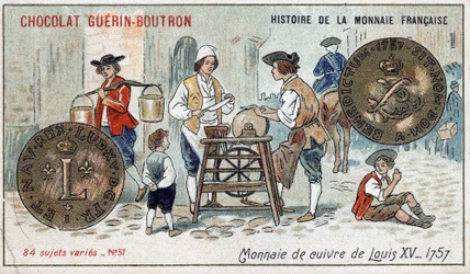 Serien History of the French Currency udgivet af Chocolat Guérin Boutron. 1800-tallets kromolitografi. Kobbermønt af Louis XV i 1757