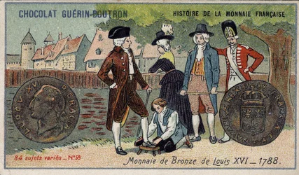 Serien History of the French Currency udgivet af Chocolat Guérin Boutron. 1800-tallets kromolitografi. Bronzemønt af Louis XVI i 1788