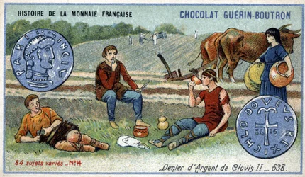 Serien History of the French Currency udgivet af Chocolat Guérin Boutron. 1800-tallets kromolitografi. Sølvbenægter af Clovis II i 638