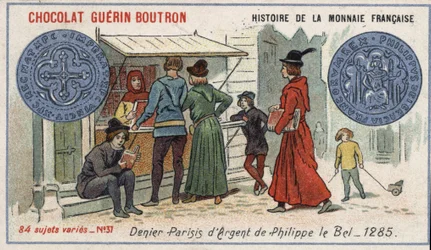 Serien History of the French Currency udgivet af Chocolat Guérin Boutron. 1800-tallets kromolitografi. Sølv denier af Philippe le Bel i 1285