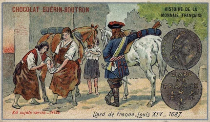 Serien History of the French Currency udgivet af Chocolat Guérin Boutron. 1800-tallets kromolitografi. Liard fra Frankrig. Ludvig XIV i 1687