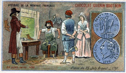 Serien History of the French Currency udgivet af Chocolat Guérin Boutron. 1800-tallets kromolitografi. mønter af 15 sølvjorde i 1791