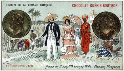 Serien History of the French Currency udgivet af Chocolat Guérin Boutron. 1800-tallets kromolitografi. 5 cents bronzemønt i 1841. Franske kolonier