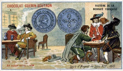 Serien History of the French Currency udgivet af Chocolat Guérin Boutron. 1800-tallets kromolitografi. Louis XIII Sølv Louis i 1610