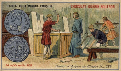 Serien History of the French Currency udgivet af Chocolat Guérin Boutron. 1800-tallets kromolitografi. Silver Denier of Clotaire (Clotaire) II i 584
