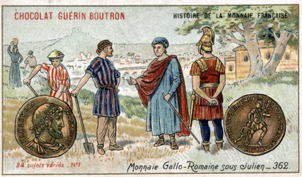 Serien History of the French Currency udgivet af Chocolat Guérin Boutron. 1800-tallets kromolitografi. Gallo romerske mønter under Julian