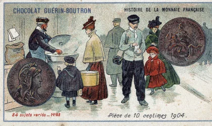 Serien History of the French Currency udgivet af Chocolat Guérin Boutron. 1800-tallets kromolitografi. 10 cent mønt i 1904