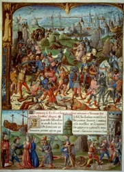 Syvende korstog (1248-1254). På toppen Louis IX (Saint Louis) (1215-1270), konge af Frankrig, med overfarterne efter at være blevet besejret af saracenerne ved Mansourah i 1250. De trak sig tilbage bag Damaskus tårne. Ludvig IX og hans to brødre er taget i