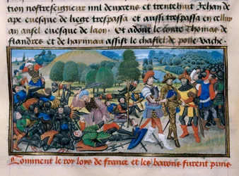 Syvende korstog: Kong Ludvig IX (Saint Louis) (1214-70) er fanget under slaget ved Mansourah i 1250 i Egypten, ”Chronique abregee” af David Aubert 1250 Paris