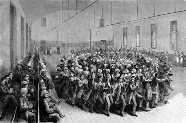 Rystende Quakers religiøse procession (dans) i New York. Illustration af det 19. århundrede.