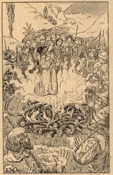 Hun bliver midt i flammerne... Sankt Rose af Viterbo (Rosa da Viterbo) (1233-1252). Stik fra slutningen af 1800-tallet. Privat samling.