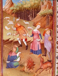 Hyrder hviler i nærheden af en brændeild Miniature taget fra "The Hours of Edward I (Duarte) of Portugal (1391-1438)" 15. århundrede Lissabon, Torre do Tombo