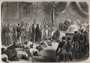 Siam-ambassadører kravler mod den franske imperiale familie under en højtidelig audiens i Fontainebleau i nærværelse af Napoleon III (1808-1873), Eugenie (Eugenia de Montijo)