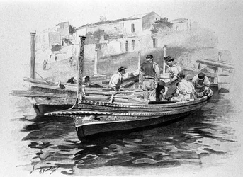 Sicilianske fiskere fra Lipari-regionen. 1800-tals gravering.