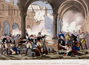 Belejring af Zaragoza (Zaragoza) og Kapucinerklostret i 1808. Farvestik af perioden. Milano