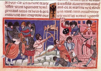 Belejring af en befæstet by. Miniature fra en kodeks om Jules Cesars fakta (101 f.Kr.-44 f.Kr.) Venedig fra det 14. århundrede, Biblioteca marciana