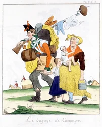 Engelsk soldat fra kampagnerne mod Napoleon, flov over sin kone og børn - i "" Musée de la caricature"" af E. Jaime, red. Delloye, Paris