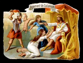 Salomons dom med moderen, der ofrer sig selv for at redde sit barn. Kromolitografi af det 19. århundrede.