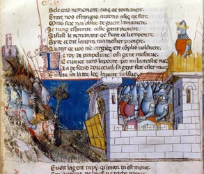 Sang af gestus: en hær pågriber for at angribe fjendens hær tilflugt i et slot og beskyttet af vindebroen. Miniature fra det fransk-italienske manuskript "" Entree d