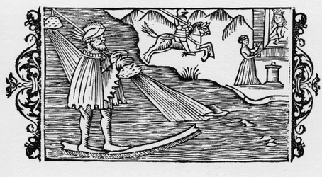 Troldmand krydser havet ved hjælp af et lotteri - i "History of the Northern Nations" af Olaus Magnus, Rom 1555