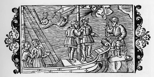 Troldmand, der sælger til sømænd vindene låst i de tre noder af et reb - i "Historia de Gentibus Septentrionalibus" (Historien om folkene i Norden) af Olaus Magnus, Rom 1555