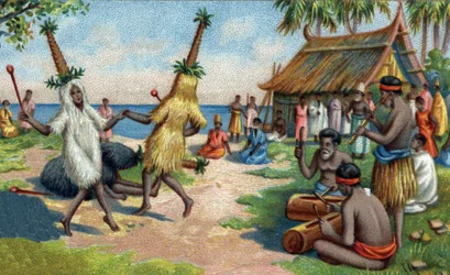 Dansere fra en ø i det sydlige Stillehav: De bærer tøj af fjer fra kolibrier, kakaduer og paradisfugle ved religiøse ceremonier. Kromolitografi fra det 19. århundrede