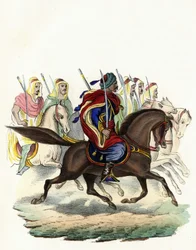 Spahis, et indfødt kavalerikorps af den franske hær af Afrika, hovedsageligt sammensat af arabiske ryttere, dannet for provinserne Algier i 1834, Bone i 1835 og Oran i 1836. I "" Storia d