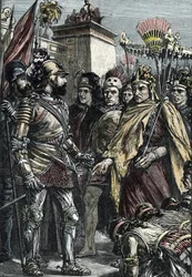 Spaniernes erobring af Mexico: møde mellem Hernan Cortes og Montezuma II i 1519