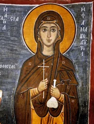 St Anastasia, healer af heste med flaske remedier og kors, Byzantinsk Vor Frue af Asinou kirke (1100-tallet) (Unescos verdensarvsliste, 2001), Troodosbjergene, Cypern, Detalje