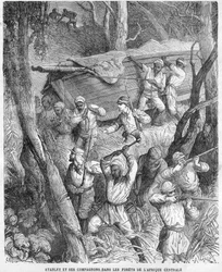 Stanley i Afrika - Stanleys ekspedition til Centralafrika 1874-1877: Marching through the jungle - Træsnit efter en tegning af Horace Castelli (1825-1889).