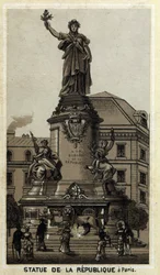 Statue af Republikken, Place de la Republique i Paris. Kromolitografi i slutningen af det 19. århundrede.