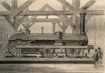 Damplokomotivmodel, Crampton-system ved navn Thomas Russell Crampton (1816-1888). Stik fra 1856.