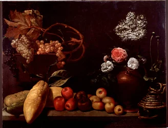 Stilleben med roser, buskeblomster, citroner og vindruer (maleri