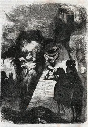 Kamp mellem Roland og Rodomont - indgravering af 1851 fra "" Furious Roland"" (Orlando furioso) (1500-tallet) af Ludovico Ariosto, kendt som Ariosta - Udgave oversat fra italiensk af greven af Tressan og udgivet af Gustave Harvard 1851