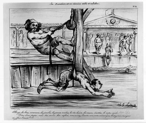 Svømning er en nyttig og sund øvelse: en humoristisk øvelse om at lære svømning - Musee Carnavalet, sd, omkring 1850