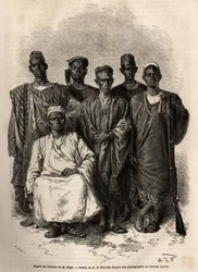 Den afrikanske eskorte af Mage, løjtnant-på-skibet, sendt på en mission til Niger. Indgravering til illustration af historien om løjtnant Mages rejse i det vestlige Sudan mellem 1863 og 1866, udgivet i "Le tour du monde, nouveau journal des voyages", redig